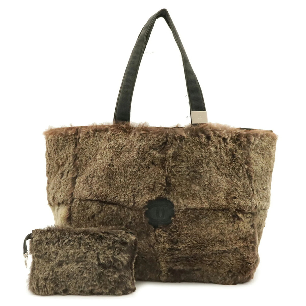 CHANEL Coco Mark Tote Bag, Fur Tote, Handbag, Rabbit Fur, Suede, Brown, Black